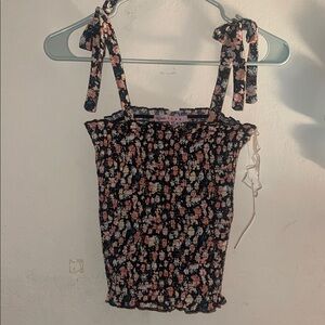 Smocked Floral Tie-Shoulder Tank Top - Black/Pink